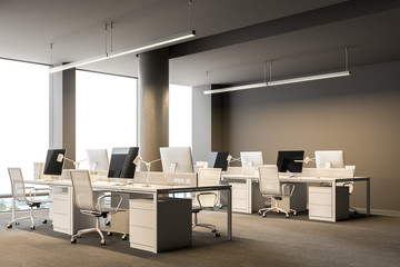 Spacious gray office centre, columns, side view