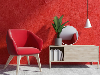Red wall living room interior, armchair