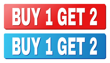 BUY 1 GET 2 text on rounded rectangle buttons. Designed with white caption with shadow and blue and red button colors.