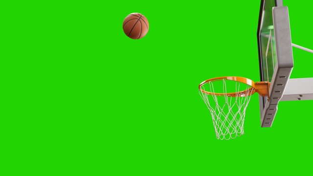 Ball Flying Spinning into Basket Net in Slow Motion on Green Screen. Beautiful Professional Throw in a Basketball Hoop. Sport Concept. 3d Animation 4k UHD 3840x2160.