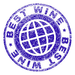 BEST WINE stamp imprint with distress texture. Blue vector rubber seal imprint of BEST WINE text with dirty texture. Seal has words placed by circle and planet symbol.