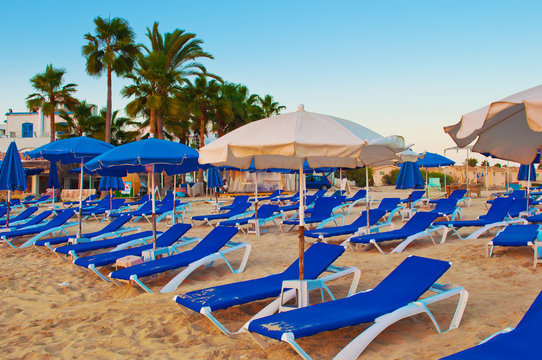 Many white and blue umbrellas and loungers