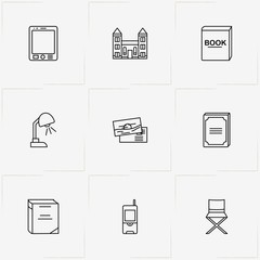 Workspace line icon set with building, book and mail envelope