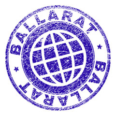 BALLARAT stamp imprint with grunge texture. Blue vector rubber seal imprint of BALLARAT text with dirty texture. Seal has words placed by circle and globe symbol.