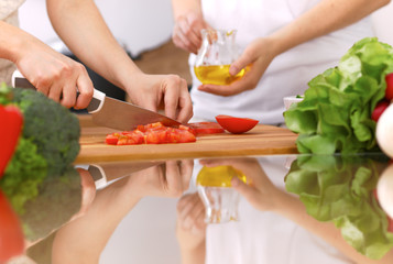 Obraz na płótnie Canvas Closeup of human hands cooking in kitchen. Mother and daughter or two female friends cutting vegetables for fresh salad. Healthy meal, vegetarian food and lifestyle concepts