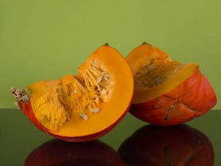 Two halves of Pumpkin Red Hokkaido.