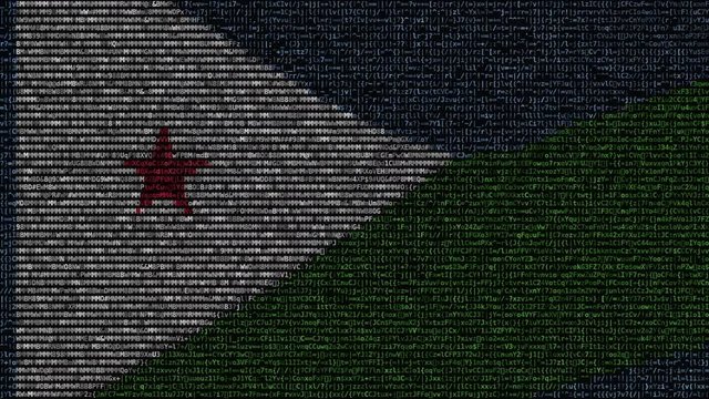 Waving flag of Djibouti made of text symbols on a computer screen. Conceptual loopable animation