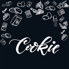 Chocolate cookie ingredients pattern on black background