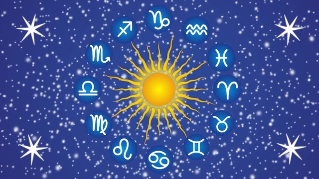 Sun and 12 zodiac signs against the background of a rotating starry sky. Each sign is highlighted in turn. Video.