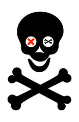 Cartoon cheerful skull and bones silhouette. Vector illustration. Isolated on white background