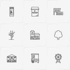 Street line icon set with stall, building and ferris wheel - 214272334