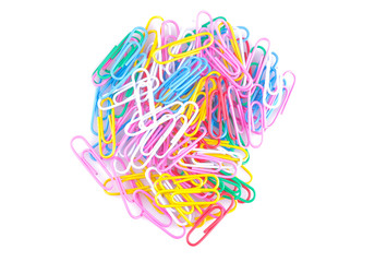 Fototapeta premium A lot of colored paper clips on a white isolated background. School supplies. Stationery.
