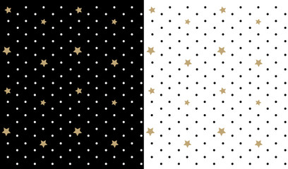 Black vector backdrop with white polka dots and golden stars. Cute childish pattern for textile. Background for kid's  birthday invitation - twinkle little. Wallpaper for prince nursery room - obrazy, fototapety, plakaty
