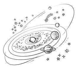Sketch of solar system with planets orbiting sun. Vector © Olena
