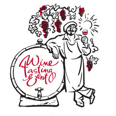 Winemaker tasting red wine leaning on barrel in vineyard. Vector