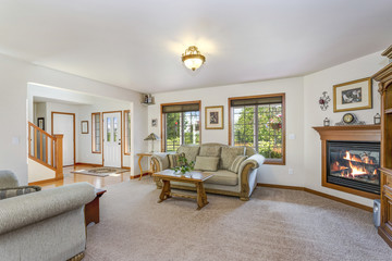 Cozy family room with traditional fireplace.