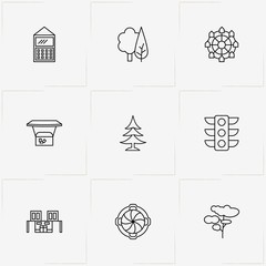 Naklejka premium Street line icon set with stall, ferris wheel and tree