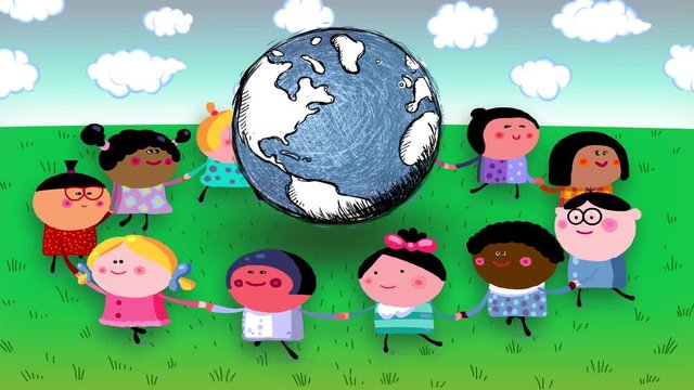 Happy children of different nations dancing around the earth – loop. Maybe they are celebrating earth's day or childrens day or maybe birthday of cosmic space. Children day.