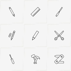 Tools line icon set with ruler, pencil and screw driver