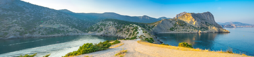 Naklejka premium Panorama of the Black Sea coast of Crimea. View from Cape Kapchik. Russia