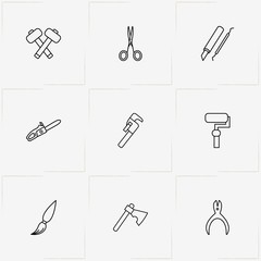 Tools line icon set with painter, hammer and scissor