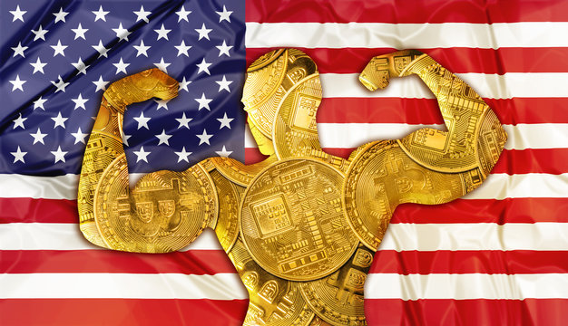 Abstract business background about powerful United States Bitcoin and growth. American Flag and bodybuilder shaped Bitcoin crypto currency. Financial concept about exchange rate of Bitcoins in Dollars