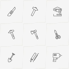 Tools line icon set with hatchet, scissors  and drill