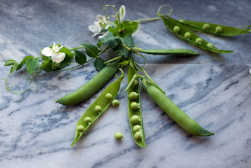 Fresh, young green peas on a gray marble background. New harvest. Bird's eye view.