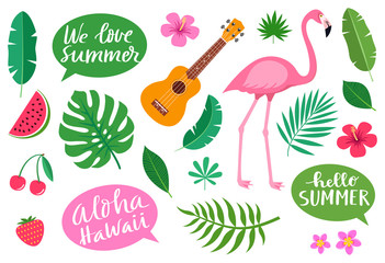 Collection of tropical hawaiian elements. Flamingo, ukulele hawaiian guitar, exotic leaves and flowers of plumeria and hibiscus, fruits, speech bubbles. We love summer exotic set. Vector illustration