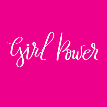Girl power slogan hand drawn white lettering on pink background. Vector illustration for t shirt, poster etc