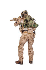 Special forces soldier with rifle on white background. army, military and people concept