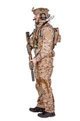Special forces soldier with rifle on white background. army, military and people concept
