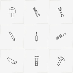 Tools line icon set with saw, shovel and wrench