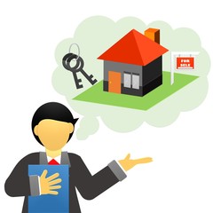 Naklejka premium Real estate agent with house model and keys. Hand giving house keys isometric design. Vector illustration flat style. Real estate agent handing holding in palm home and key. Template for sale, 