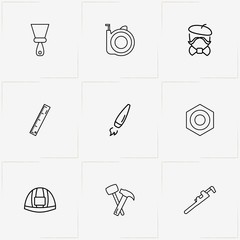 Tools line icon set with ruler, measure  and brush