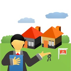 Real estate agent with house model and keys. Hand giving house keys isometric design. Vector illustration flat style. Real estate agent handing holding in palm home and key. Template for sale, 