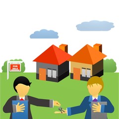 Real estate agent with house model and keys. Hand giving house keys isometric design. Vector illustration flat style. Real estate agent handing holding in palm home and key. Template for sale, 