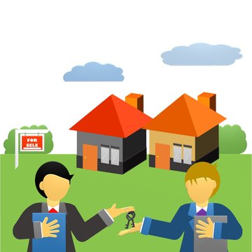 Real estate agent with house model and keys. Hand giving house keys isometric design. Vector illustration flat style. Real estate agent handing holding in palm home and key. Template for sale, 