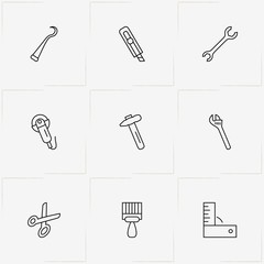 Tools line icon set with electrical saw , wrench  and hook