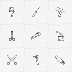 Tools line icon set with scissor, hammer and hatchet