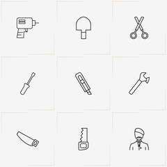 Tools line icon set with cutter, scissor and screwdriver