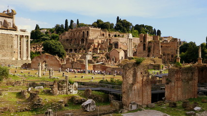 Blick über das Forum Romanum zum Hügel Palatin mit den Grundmauern des Kaiserpalastes