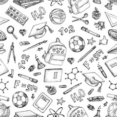 Fototapeta na wymiar Back to school seamless pattern. Doodle vector set of Physics and Chemistry science theory, glass flasks, formulas, stationery, books, schoolbag, scribbles isolated on white.