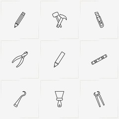 Tools line icon set with cutter, pencil and hammer
