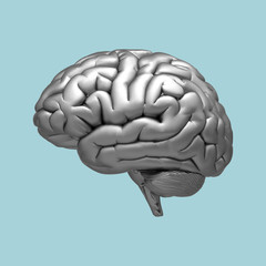 Chrome silver human brain illustration on blue BG