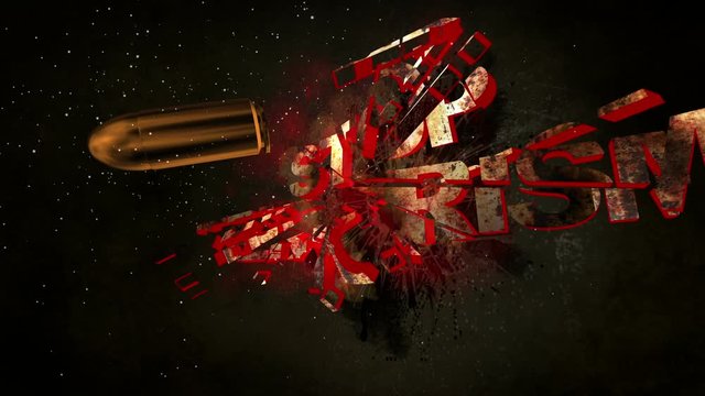 Slow motion of bullet breaking stop terrorism text
