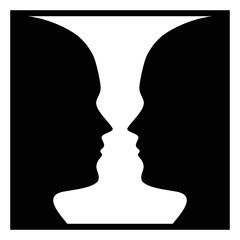 Figure-ground perception, face and vase. Figure-ground organization. Perceptual grouping. In Gestalt Psychology known as identifying a figure from background. Isolated illustration over white. Vector. - obrazy, fototapety, plakaty