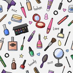 Seamless pattern with hand drawn women accessories. Cosmetics. Colored doodle illustration.