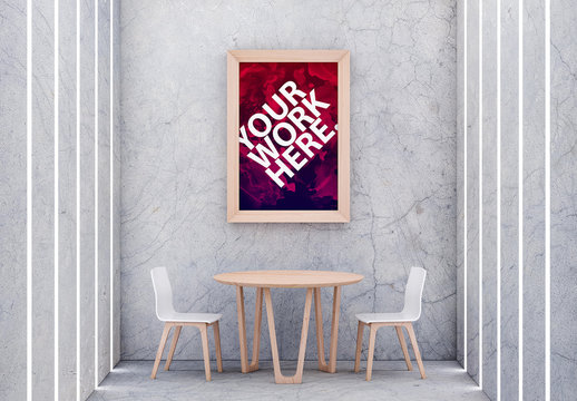 Framed Poster with Table and Chairs in Concrete Room Mockup