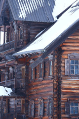 wooden houses in the Russian countryside / wooden architecture, Russian provincial landscape, winter view village in Russia